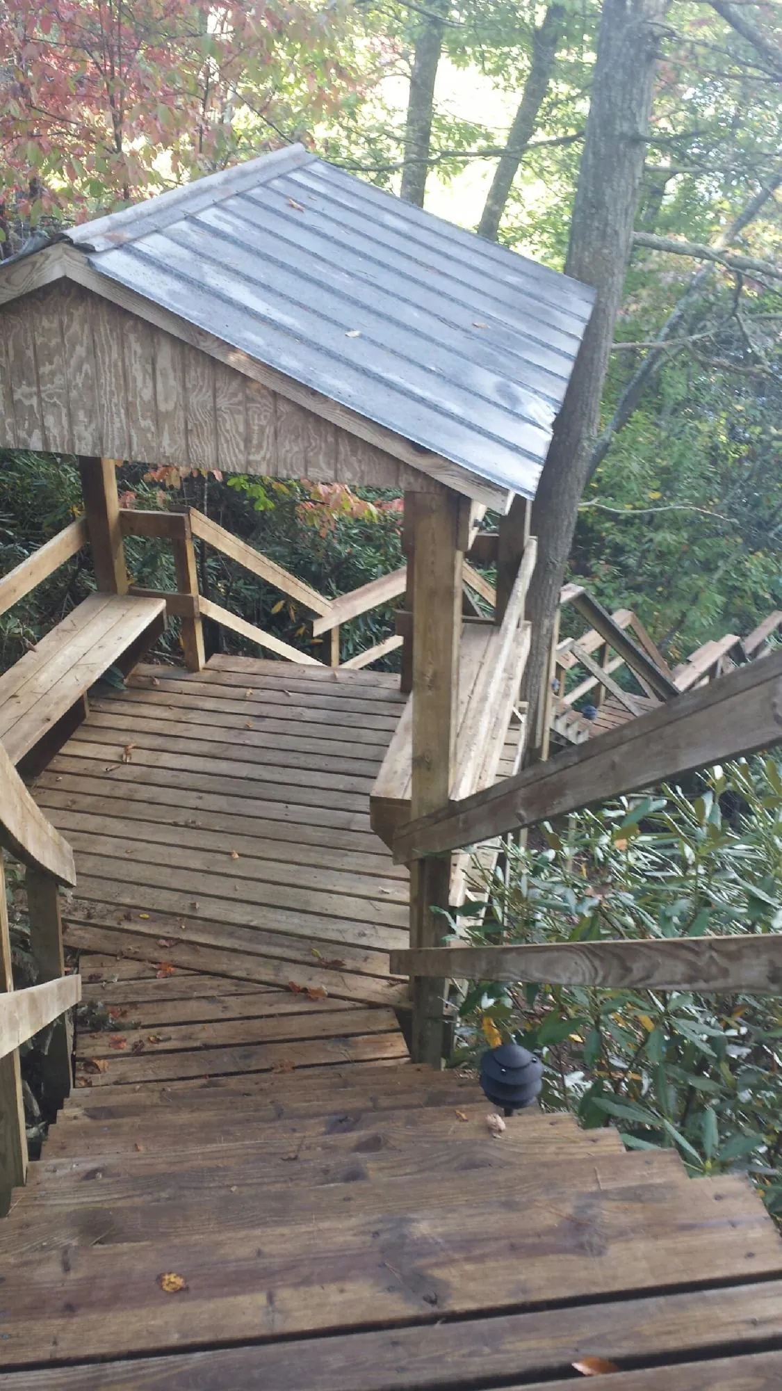 Metal roofed shelter over wooden steps on a wooded walkway — Skylight Repair & Installation work by our crew in Wildwood